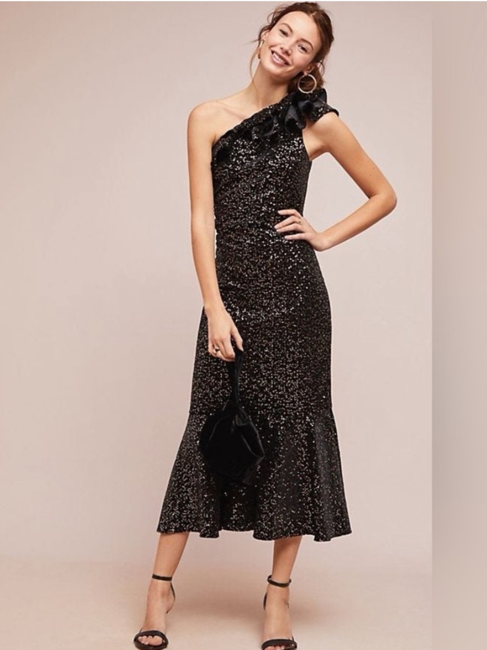 Shoshanna Evadene Sequin Dress in Black One Shoulder Ruffle Sz 12 Midi Formal